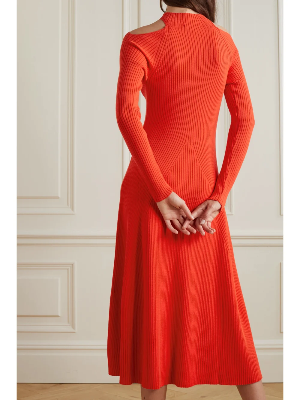 Back view of the A.W.A.K.E. Mode Cold-shoulder Ribbed Jersey Midi Dress