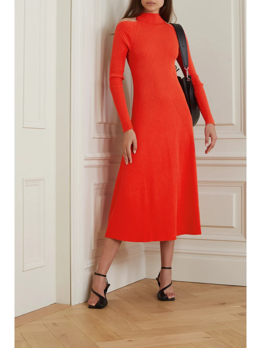 A.W.A.K.E. Mode Cold-shoulder Ribbed Jersey Midi Dress, worn by a model