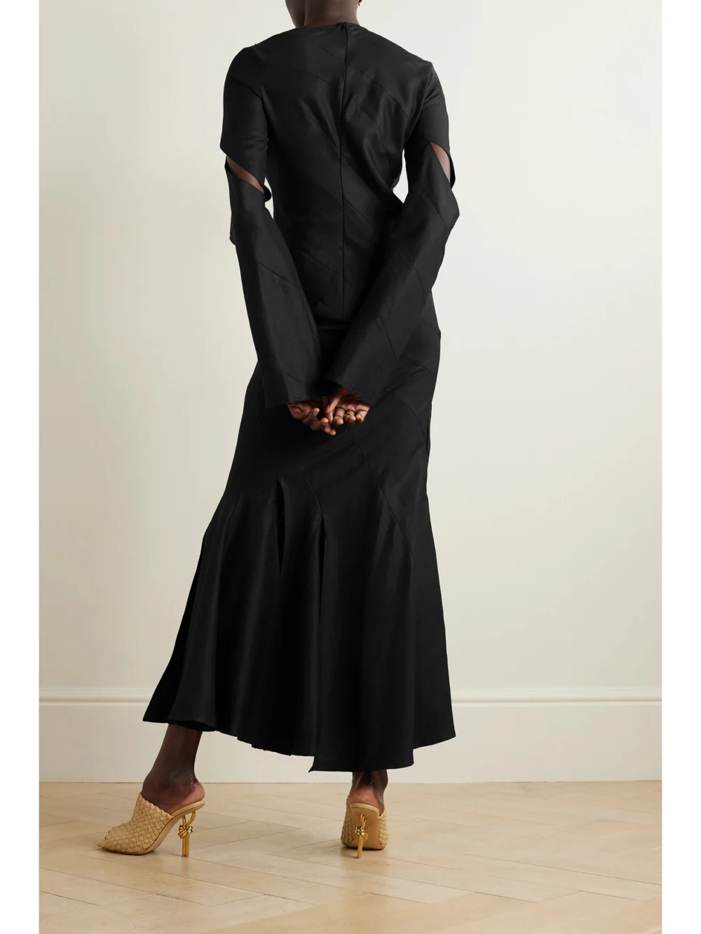 Back view of the A.W.A.K.E. Mode Cutout Linen, Cupro and Cotton-blend Maxi Dress