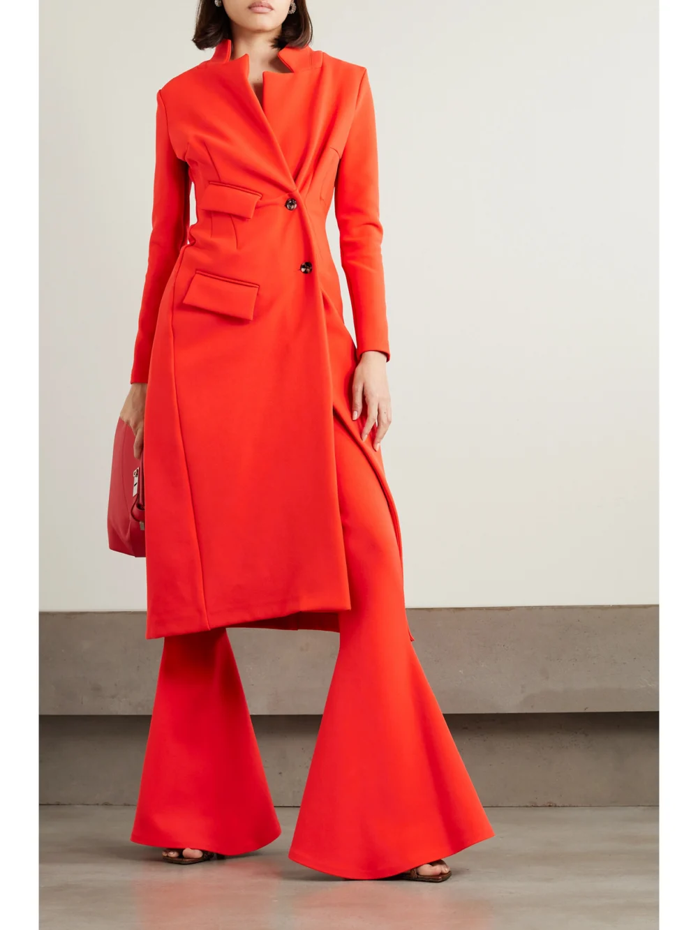 A.W.A.K.E. Mode Draped Stretch-twill Flared Pants, worn by a model