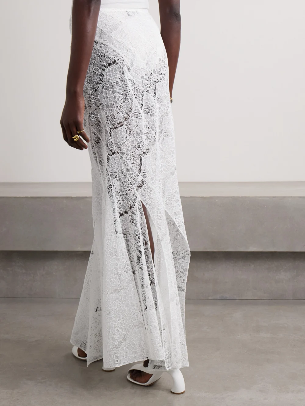 Back view of the A.W.A.K.E. Mode Recycled-lace Maxi Skirt