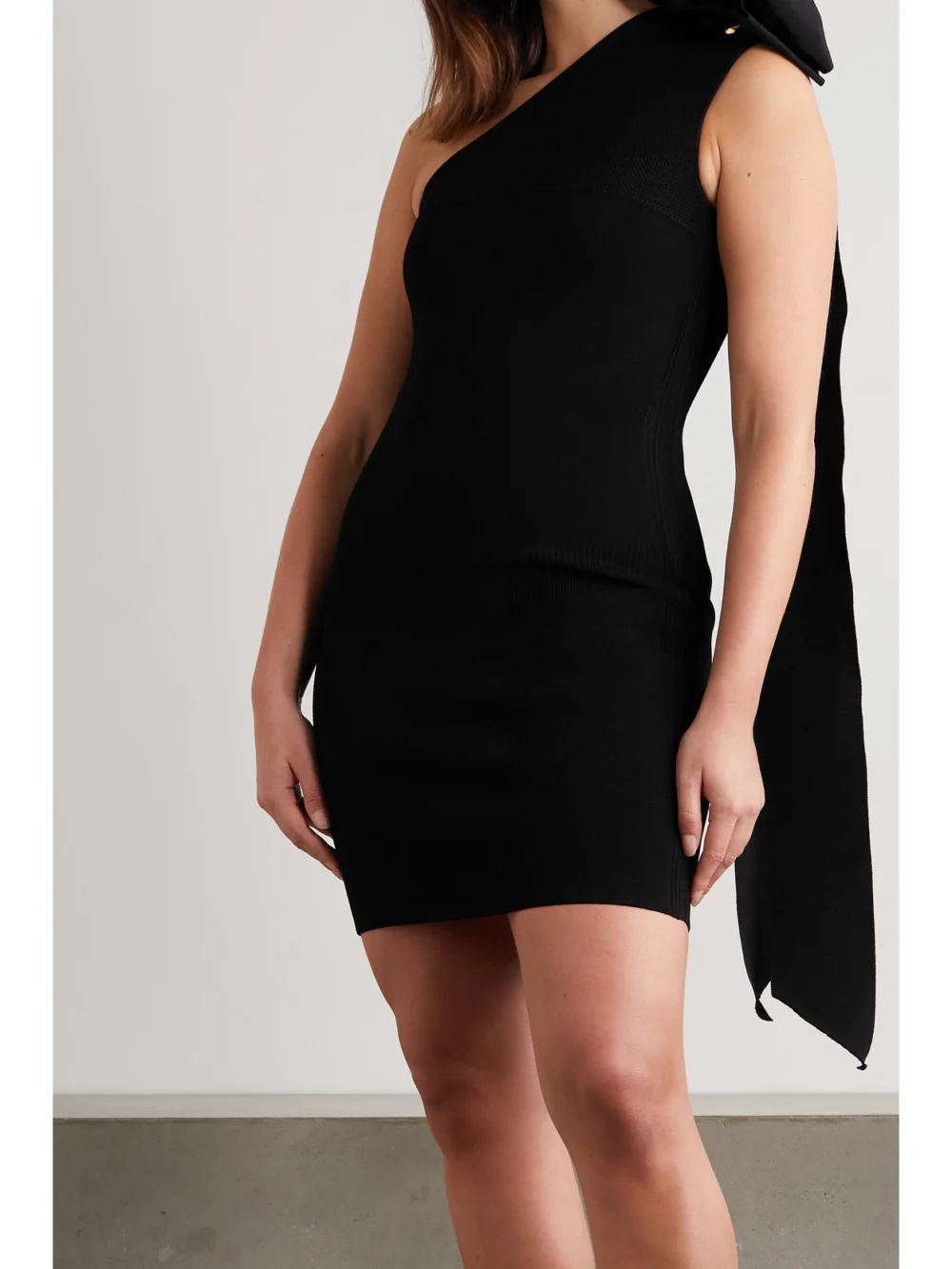 Az Factory Mybody One-shoulder Bow-detailed Stretch-knit Mini Dress, worn by a model