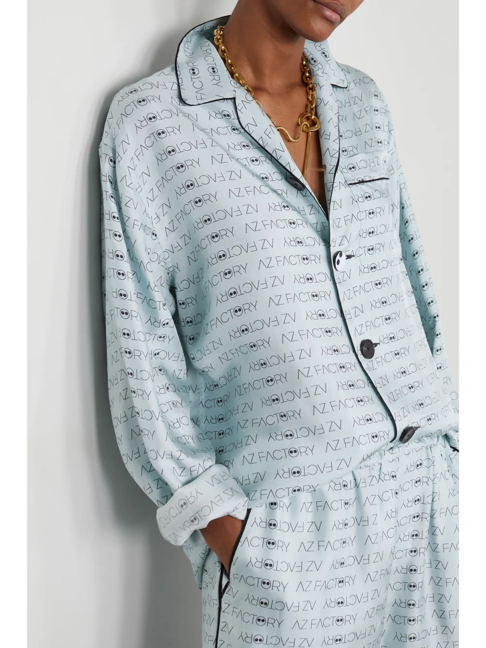 Az Factory Pijama Look But Don't Touch Printed Silk-twill Shirt, worn by a model