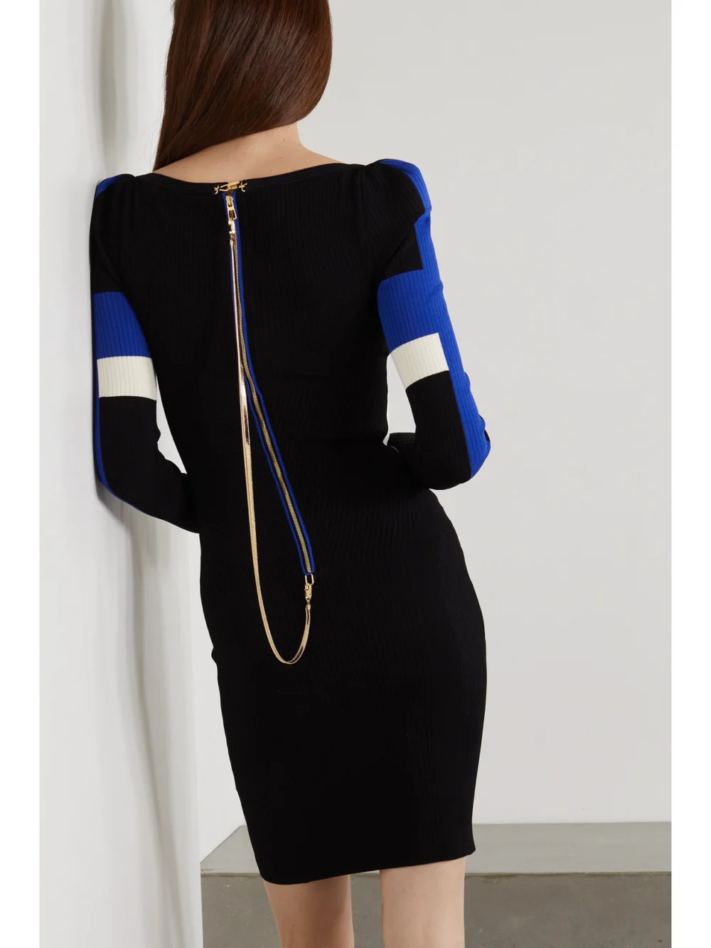 Back view of the Az Factory Your Body Color-block Ribbed Stretch-knit Mini Dress