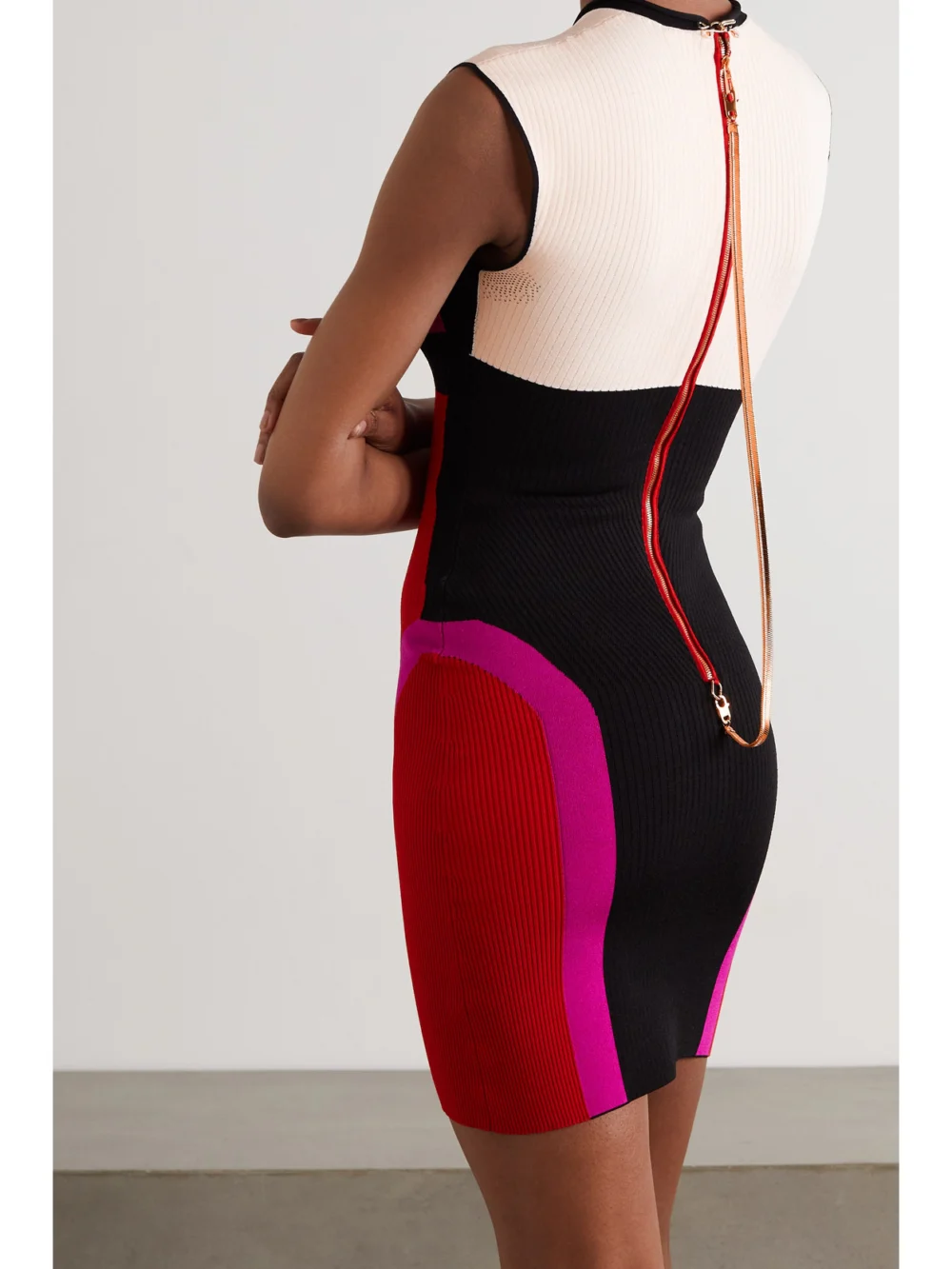 Back view of the Az Factory Your Body Color-block Ribbed Stretch-knit Mini Dress