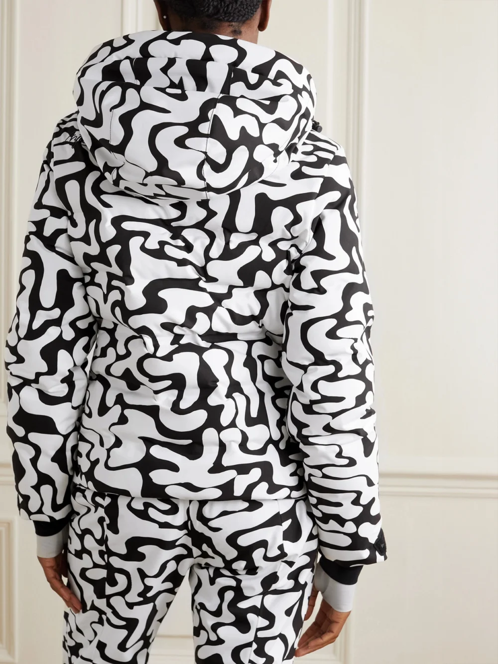 Back view of the Aztech Mountain + Ed Curtis Nuke Hooded Printed Down Ski Jacket