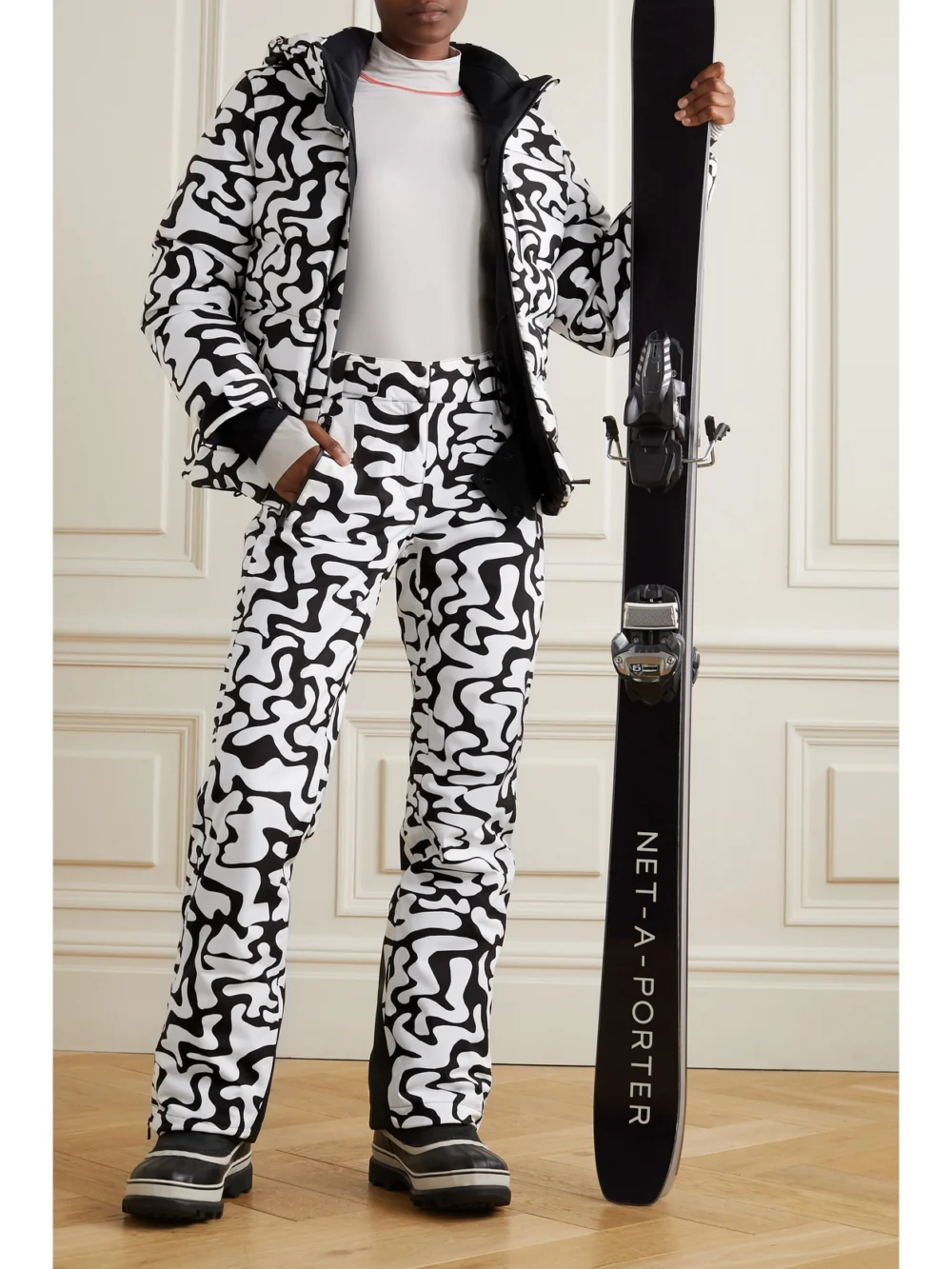 Aztech Mountain + Ed Curtis Nuke Hooded Printed Down Ski Jacket, worn by a model