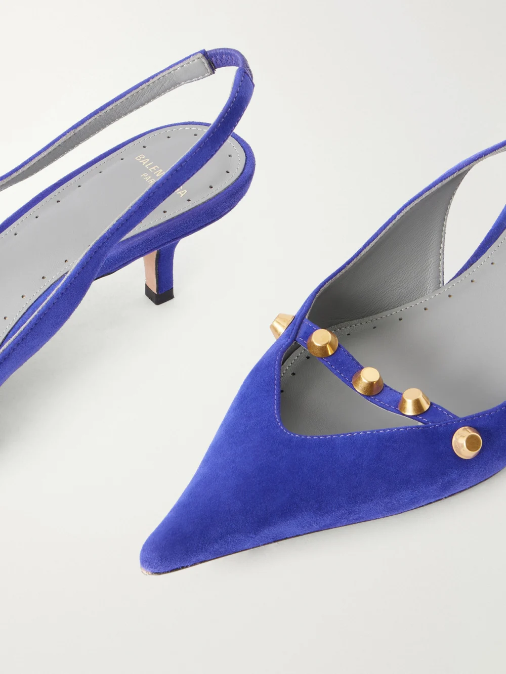 Close-up detail of the Balenciaga 45 Studded Suede Pumps