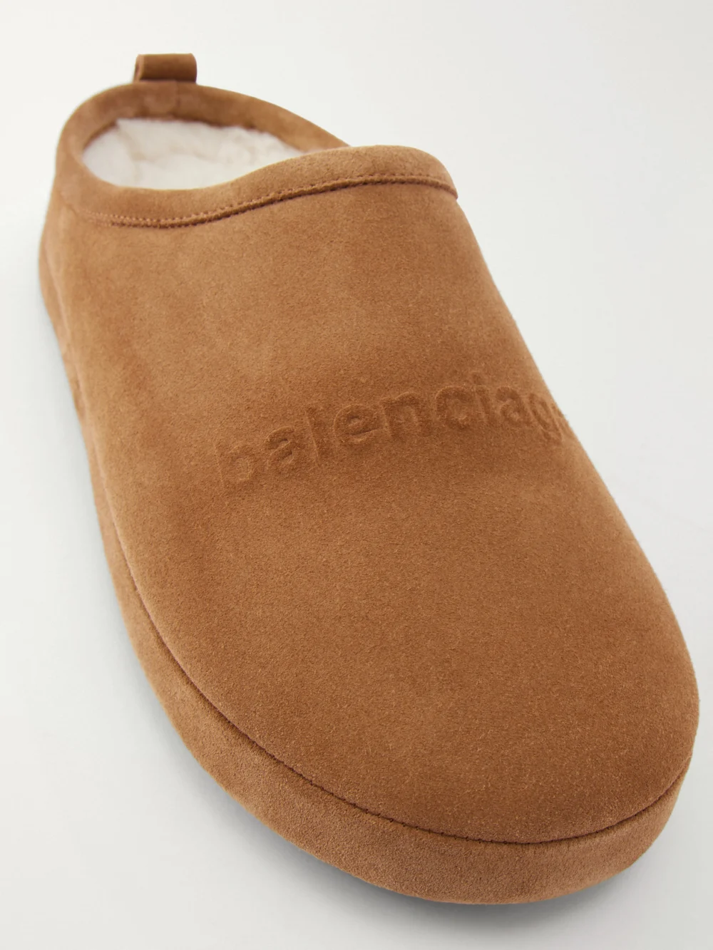 Close-up detail of the Balenciaga Alaska Suede Slippers