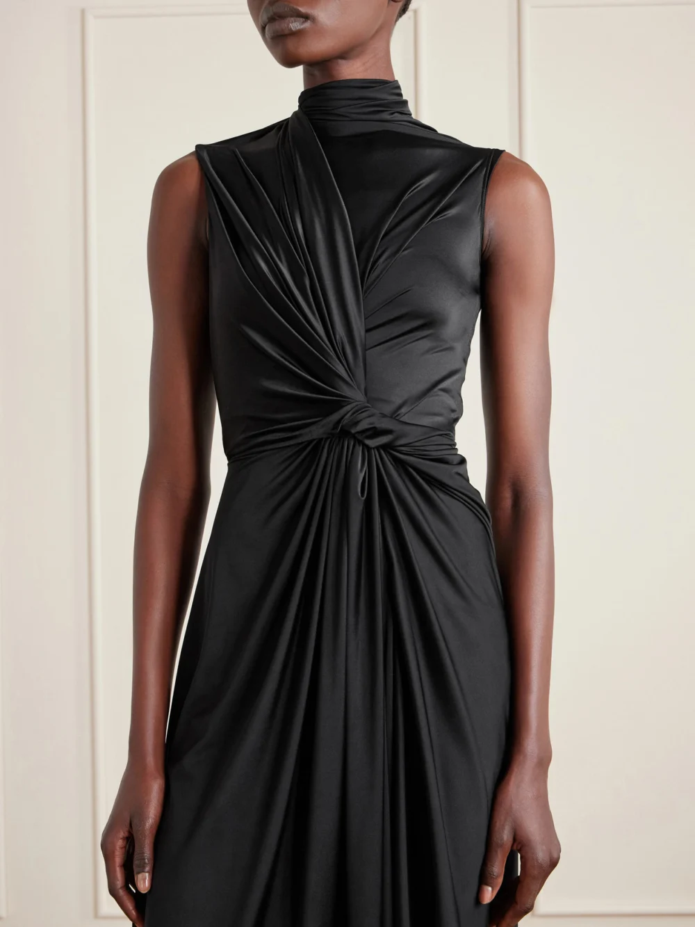 Close-up detail of the Balenciaga Asymmetric Draped Knotted Satin-jersey Dress