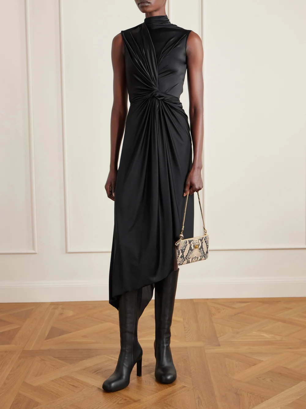 Balenciaga Asymmetric Draped Knotted Satin-jersey Dress, worn by a model