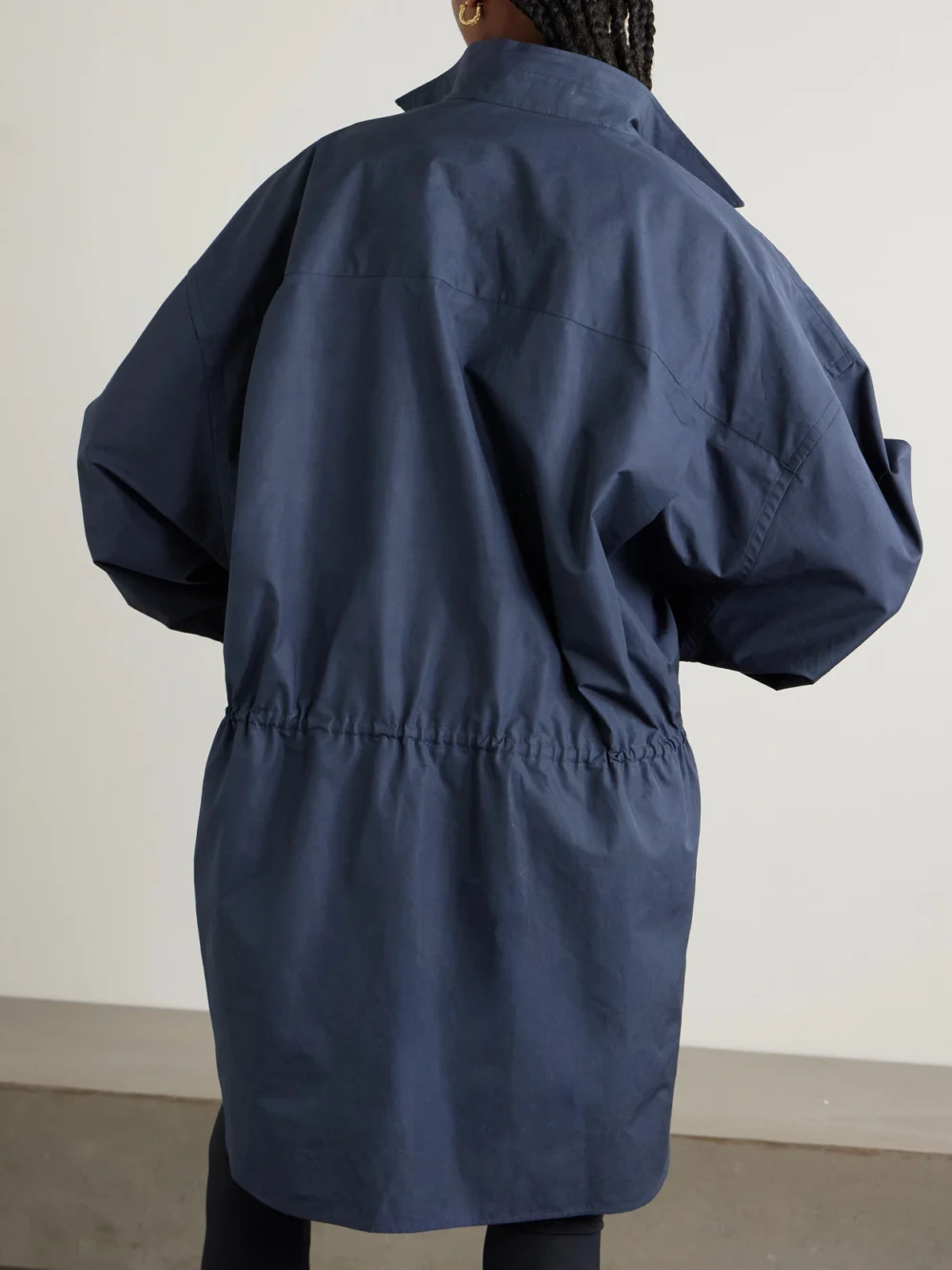 Back view of the Balenciaga Asymmetric Gathered Cotton-poplin Mini Shirt Dress