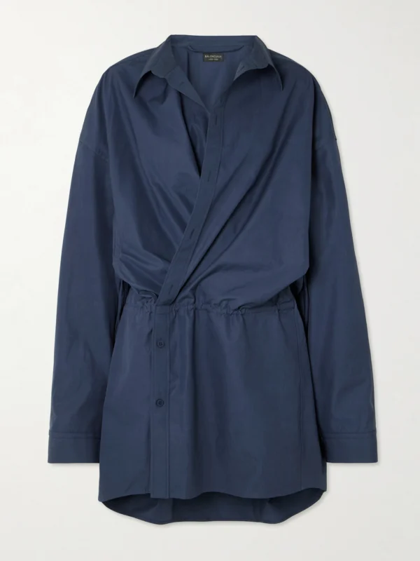Balenciaga Asymmetric Gathered Cotton-poplin Mini Shirt Dress