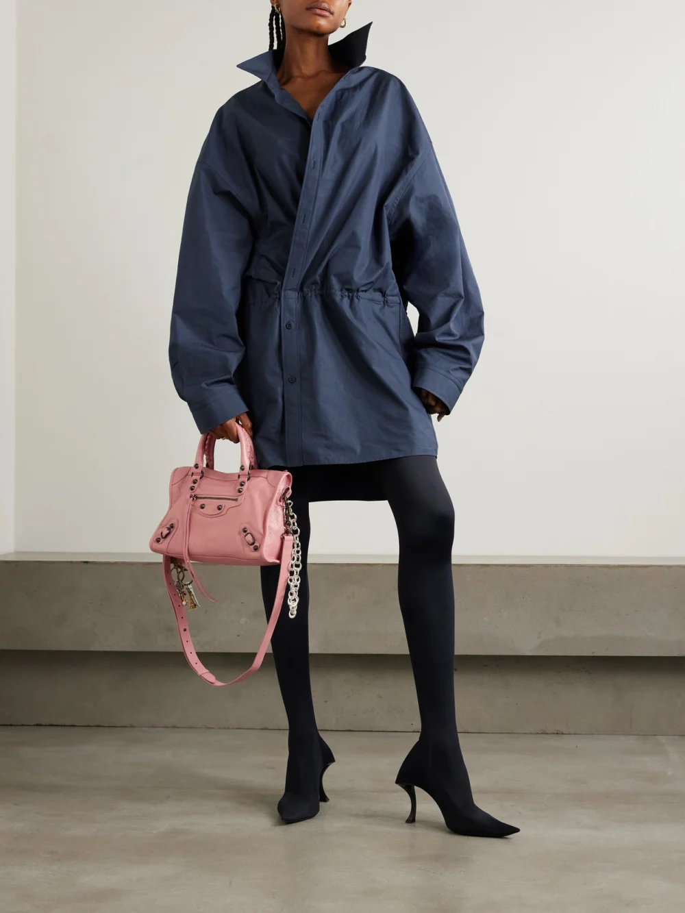 Balenciaga Asymmetric Gathered Cotton-poplin Mini Shirt Dress, worn by a model