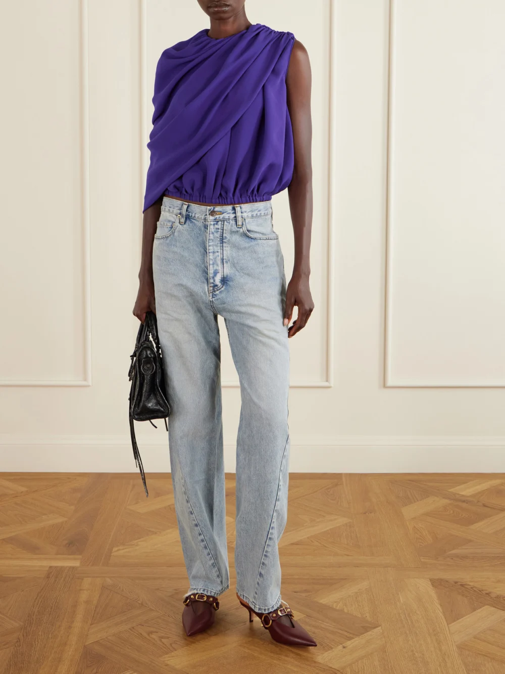 Balenciaga Asymmetrical Draped Silk Top, worn by a model