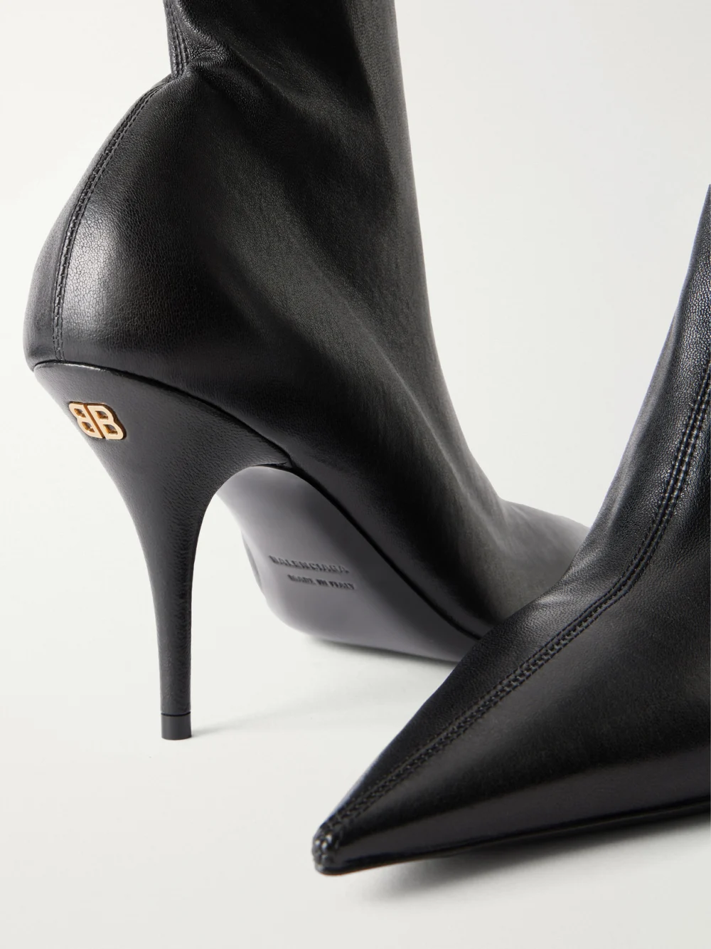 Close-up detail of the Balenciaga Avenue Bootie 90 Leather Ankle Boots