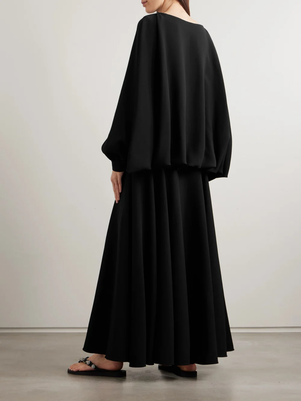 Back view of the Balenciaga Balloon Gathered Draped Cutout Silk and Wool-blend Crepe Maxi Dress