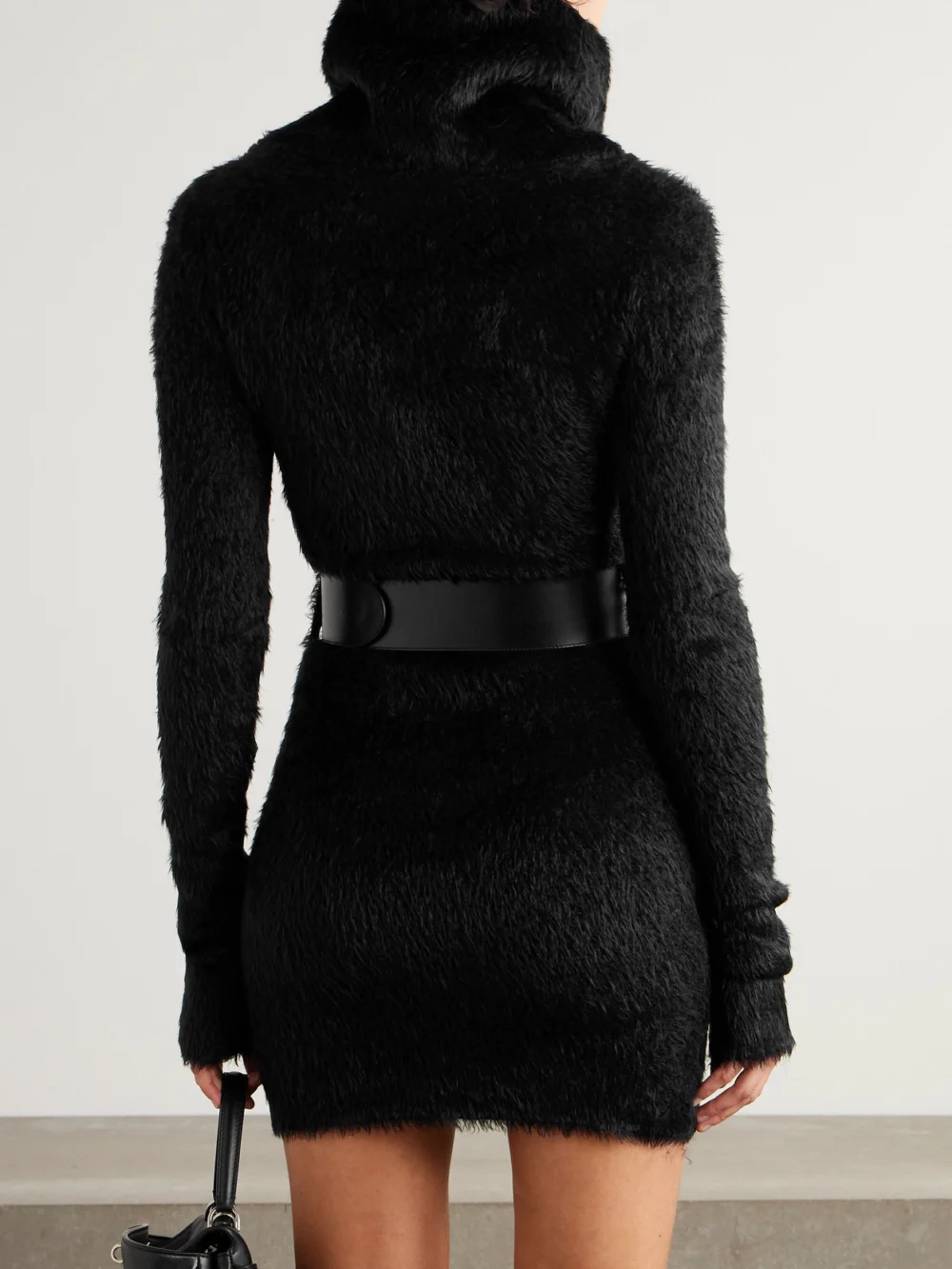 Back view of the Balenciaga Belted Brushed-knit Turtleneck Mini Dress