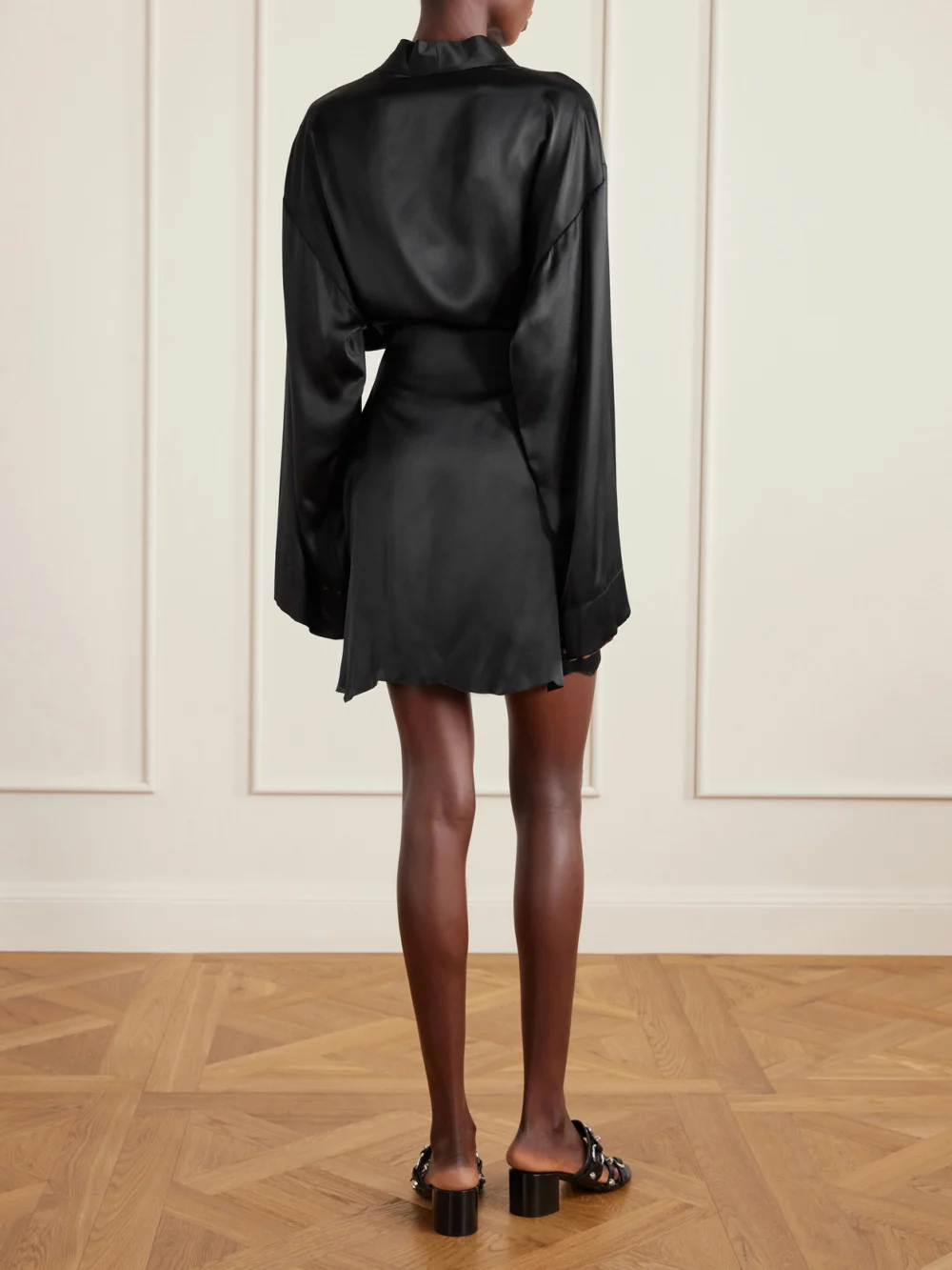 Back view of the Balenciaga Belted Silk-satin Mini Wrap Dress