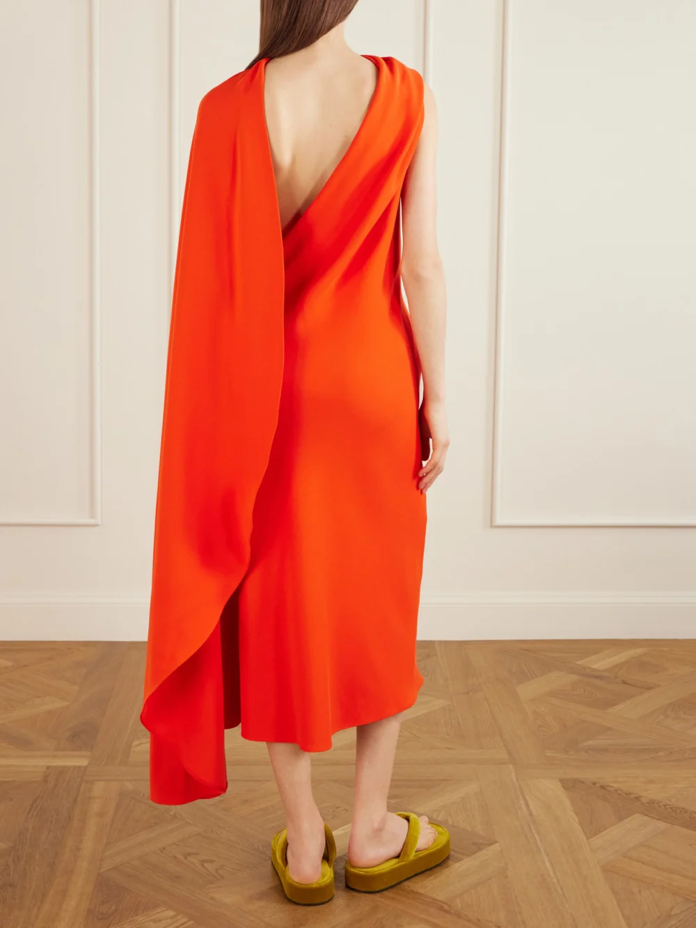 Back view of the Balenciaga Cape-effect Draped Wool and Silk-blend Crepe Midi Dress