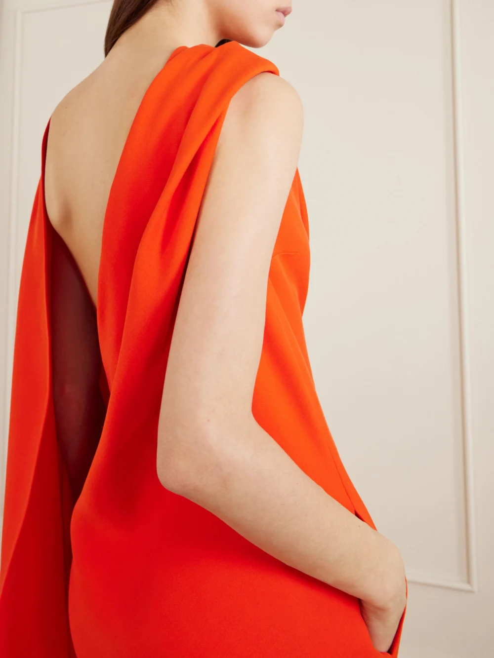 Close-up detail of the Balenciaga Cape-effect Draped Wool and Silk-blend Crepe Midi Dress
