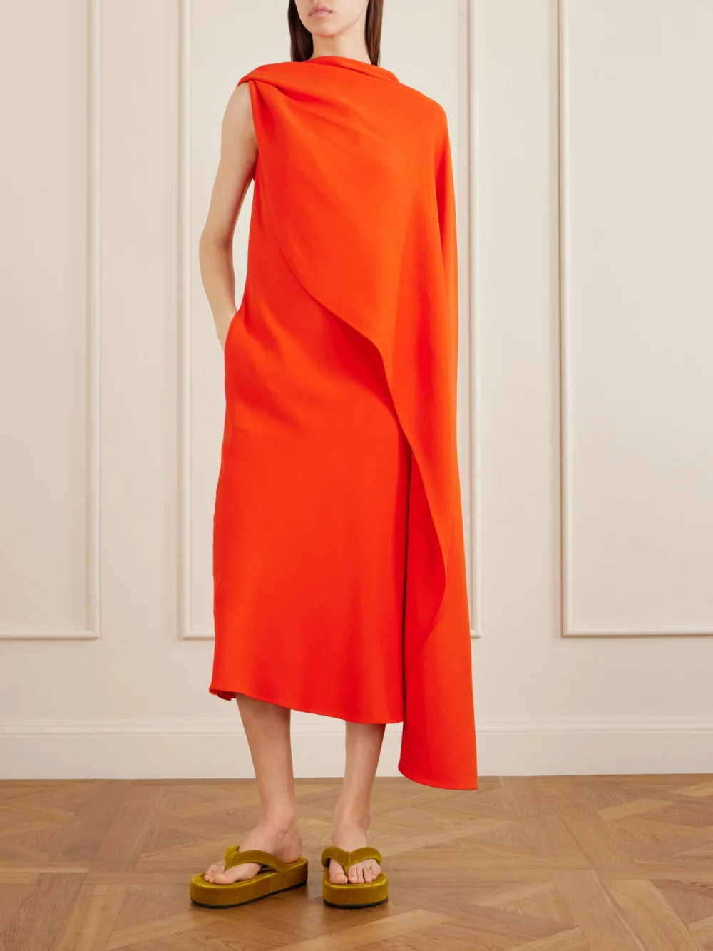 Balenciaga Cape-effect Draped Wool and Silk-blend Crepe Midi Dress, worn by a model