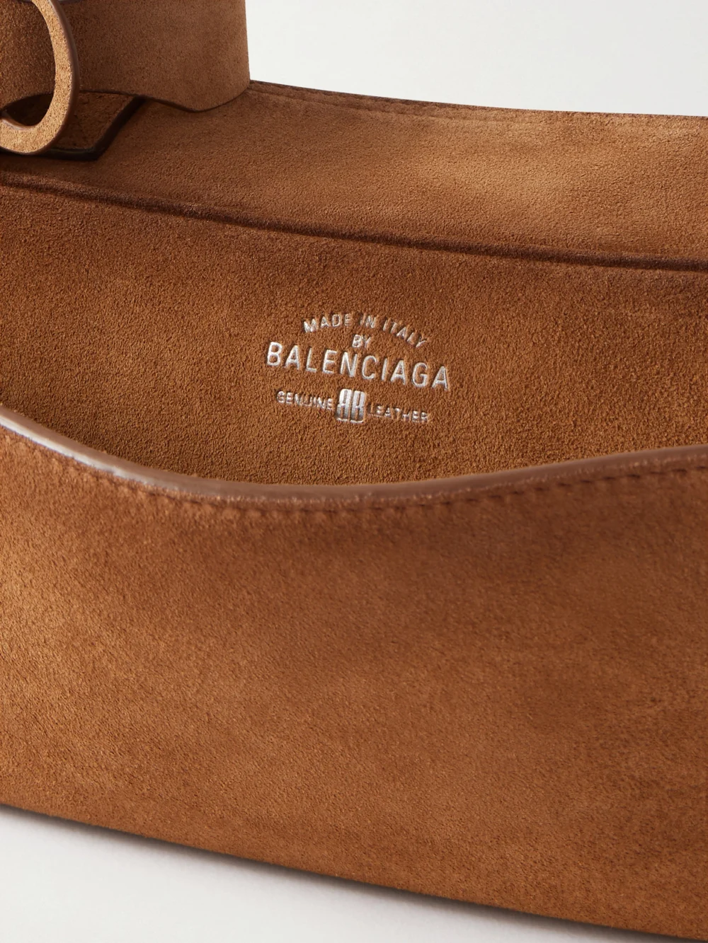 Close-up detail of the Balenciaga Carrie Small Suede Shoulder Bag