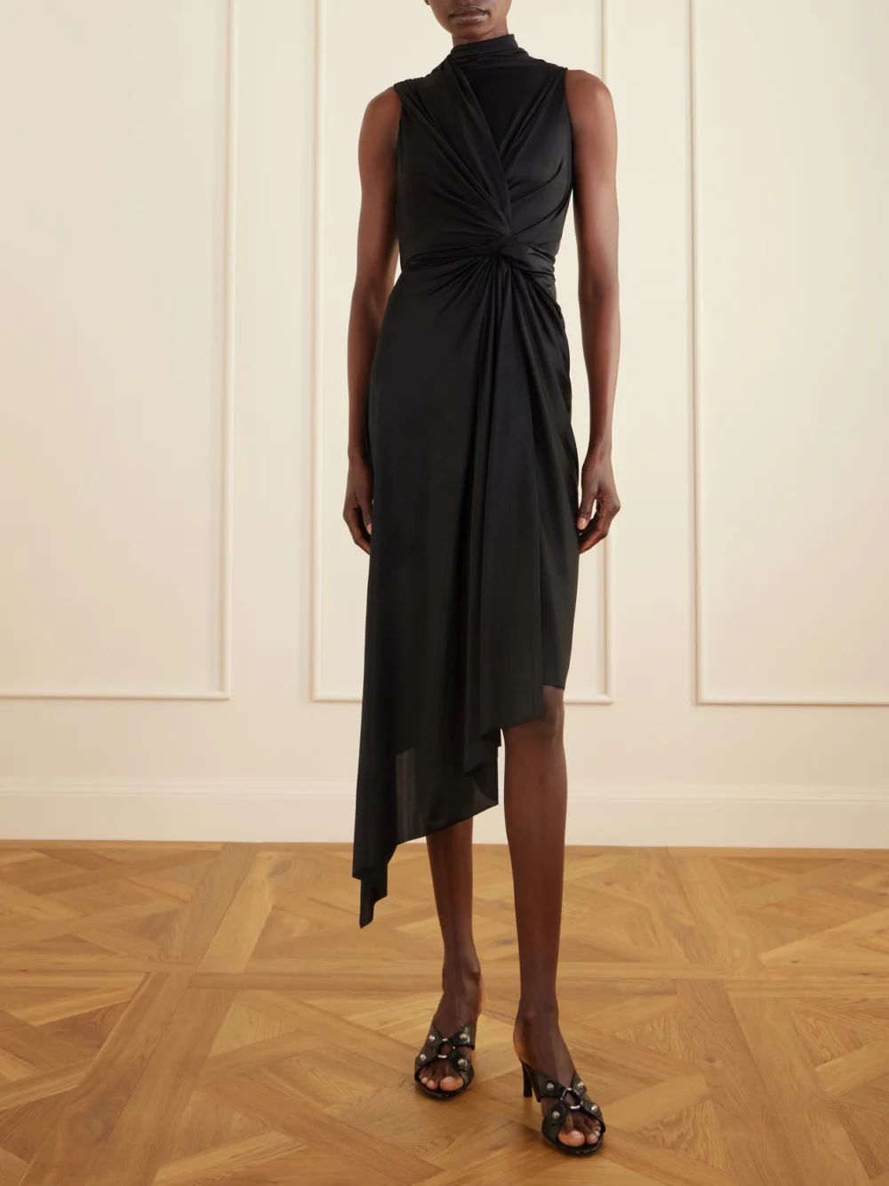 Balenciaga City Embellished Crinkled-leather Sandals, styled view