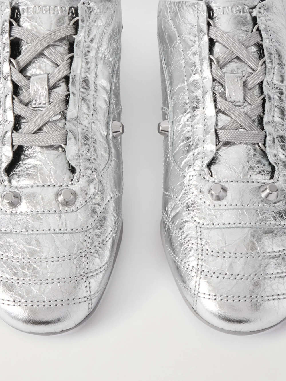 Close-up detail of the Balenciaga City Studded Metallic Crinkled-leather Sneakers