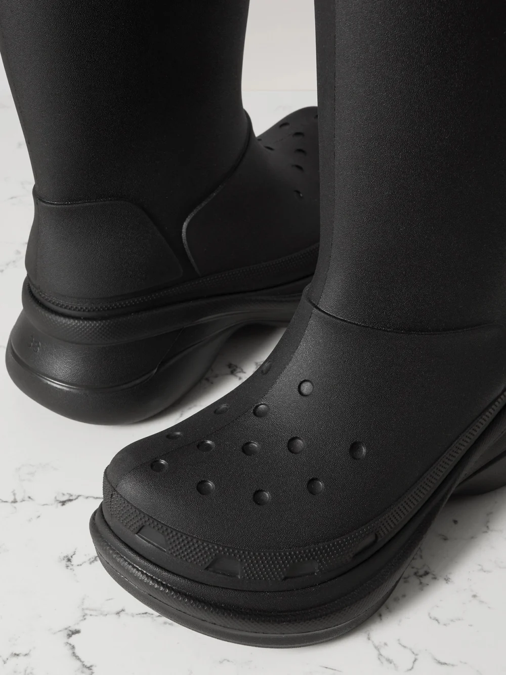 Close-up detail of the Balenciaga + Crocs Eva Rain Boots