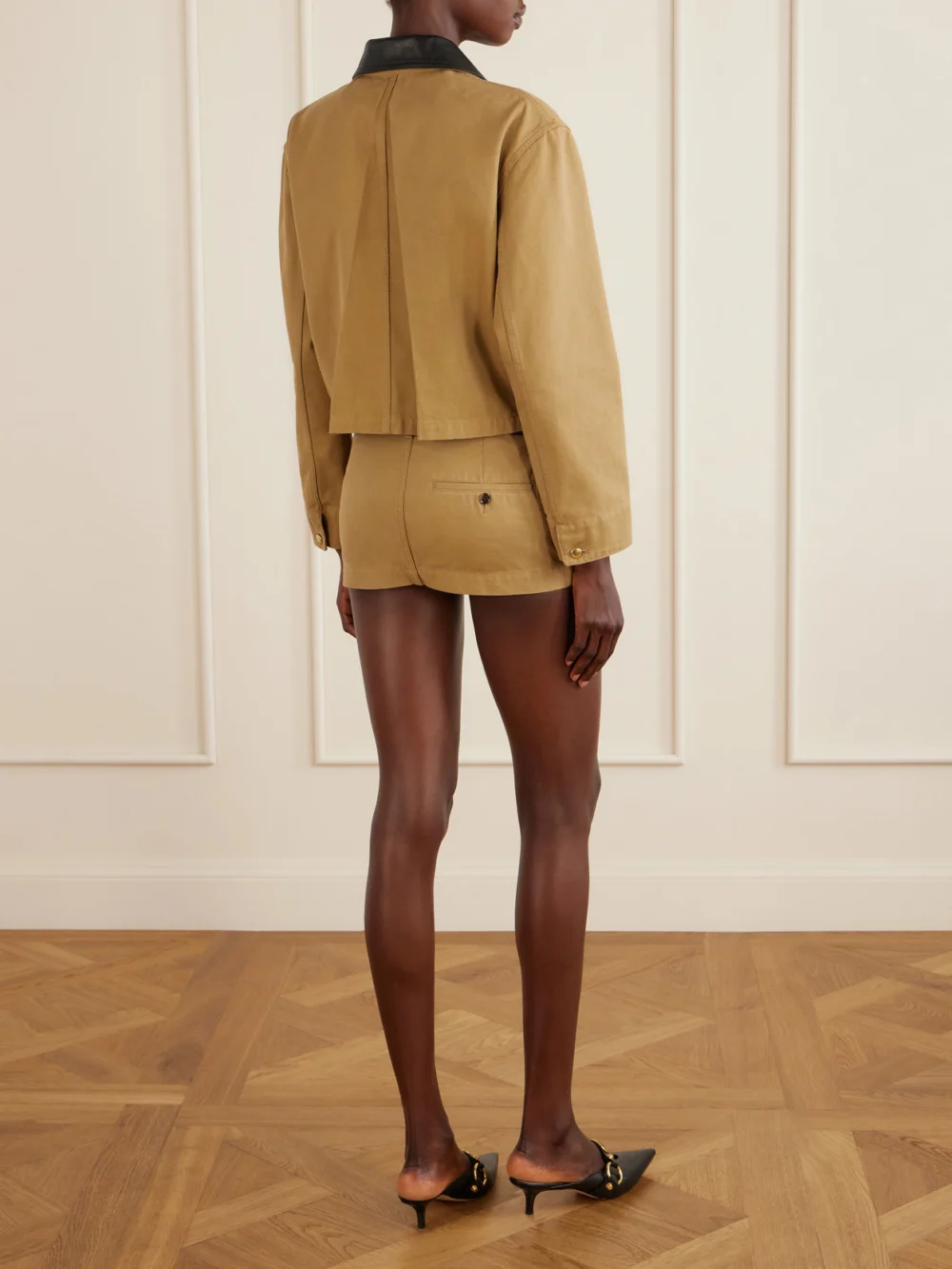 Back view of the Balenciaga Cropped Leather-trimmed Cotton-canvas Jacket