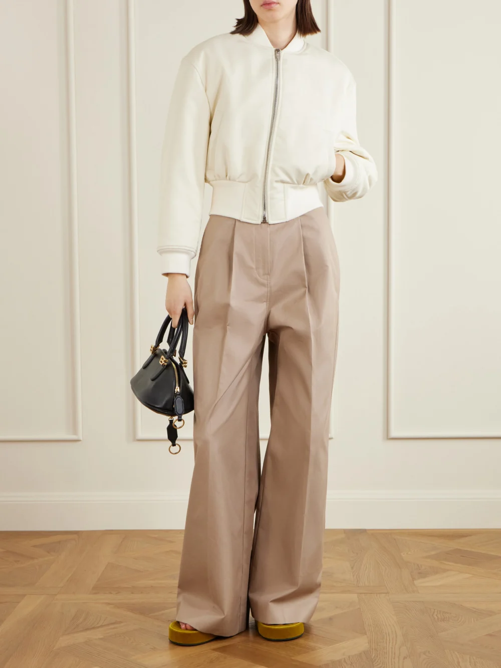 Balenciaga Cropped Shell Bomber Jacket, worn by a model