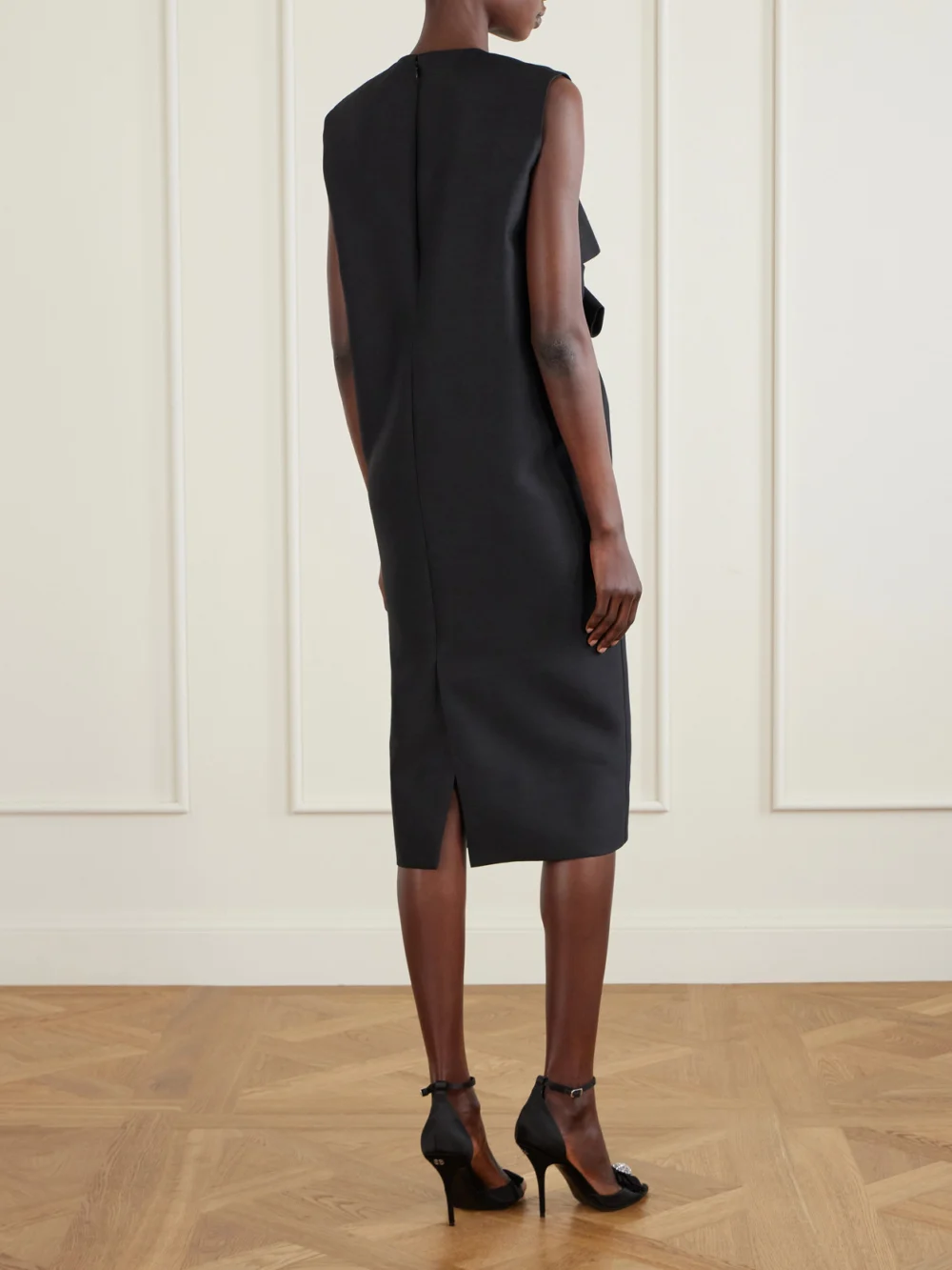 Back view of the Balenciaga Cutout Draped Wool and Silk-blend Midi Dress