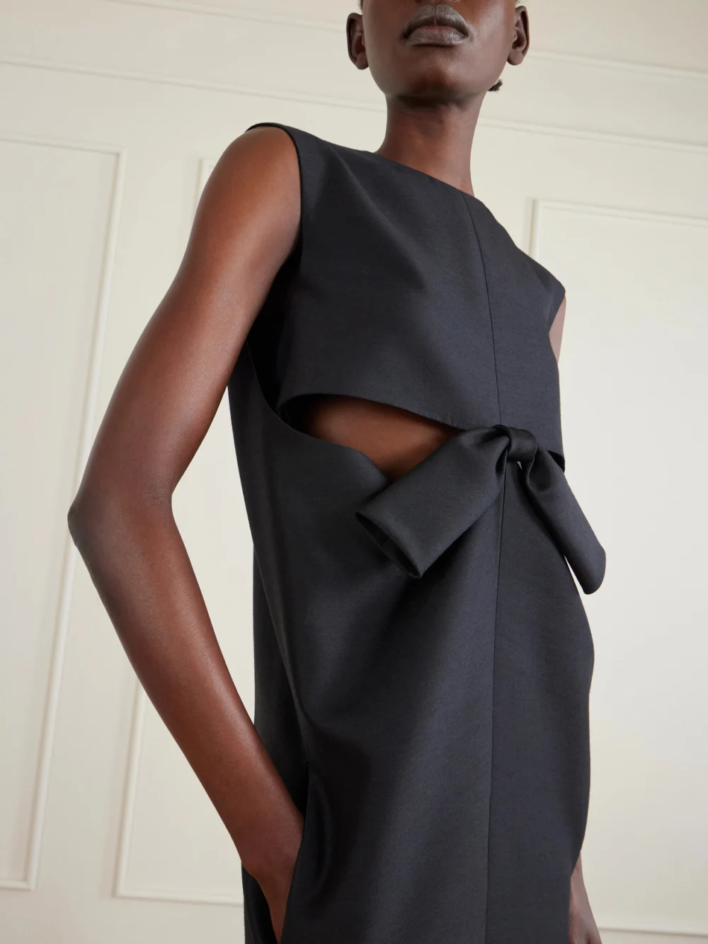 Close-up detail of the Balenciaga Cutout Draped Wool and Silk-blend Midi Dress