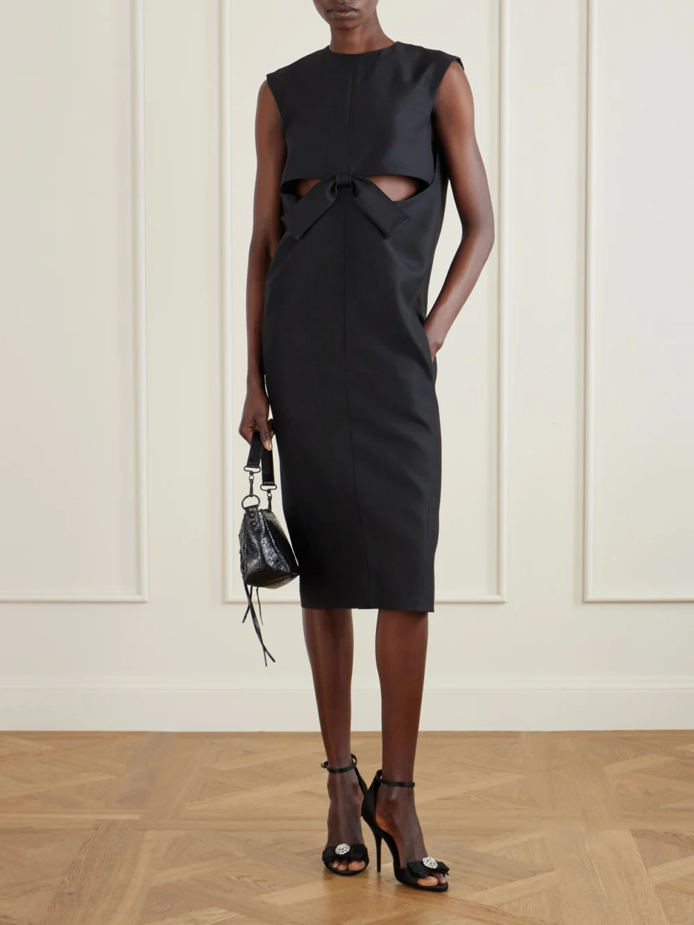 Balenciaga Cutout Draped Wool and Silk-blend Midi Dress, worn by a model