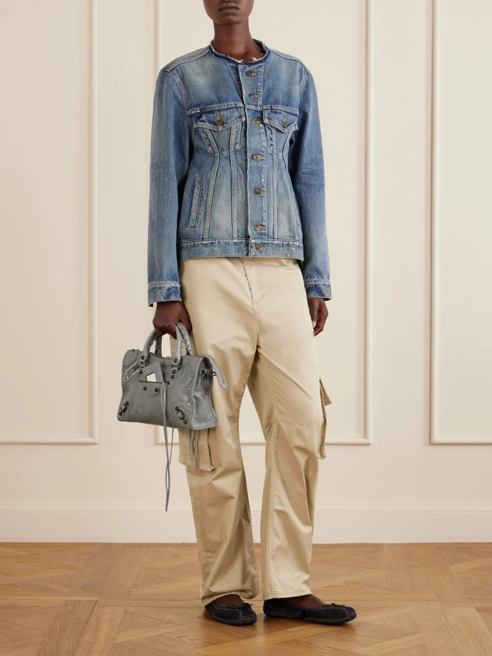 Balenciaga Distressed Denim Jacket, worn by a model