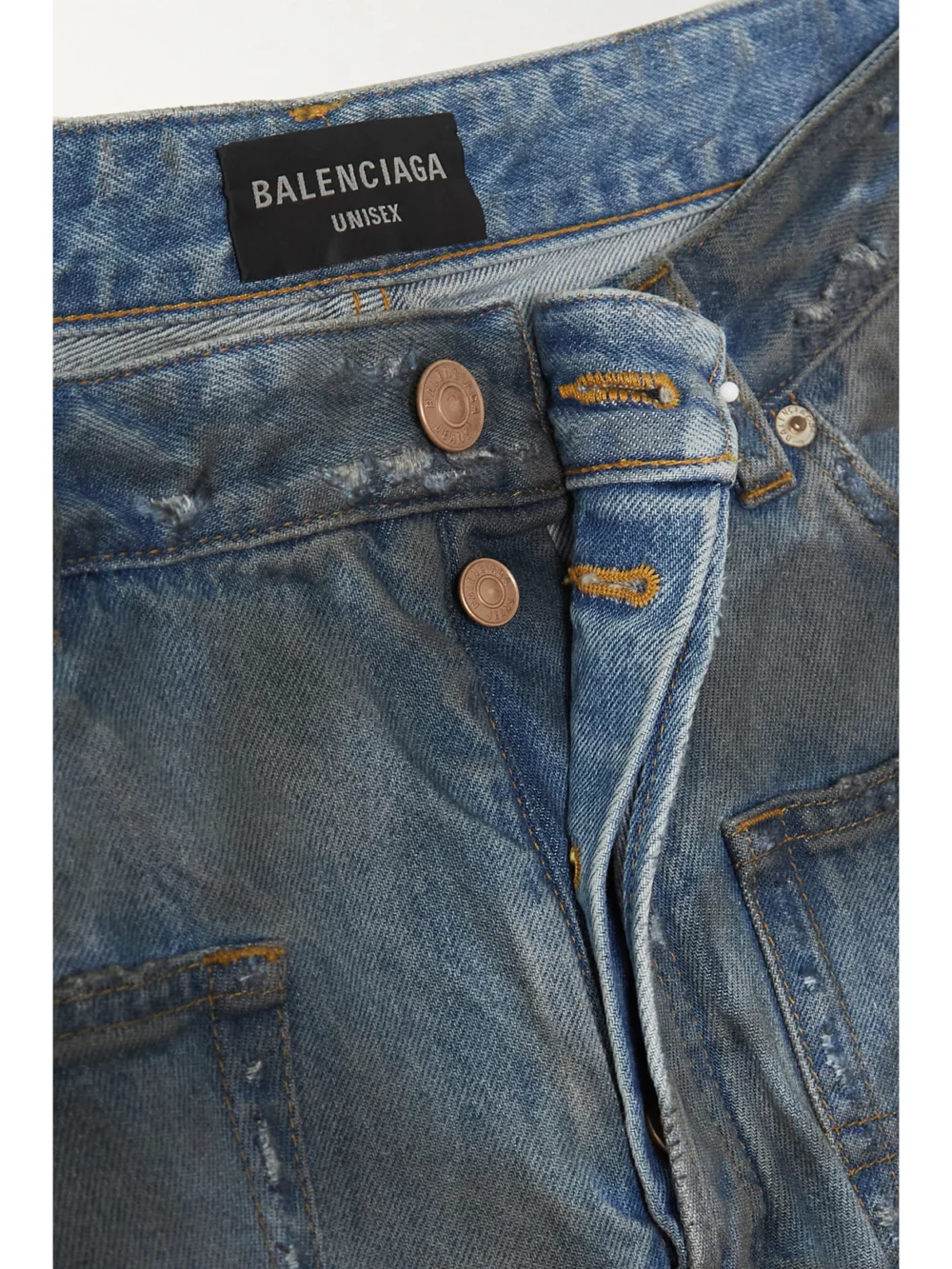 Close-up detail of the Balenciaga Distressed High-rise Boyfriend Jeans