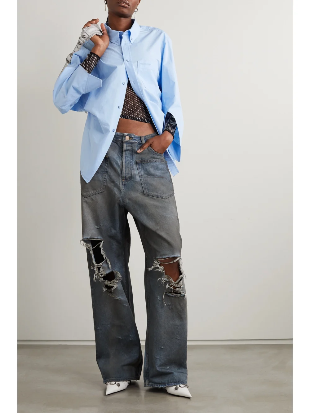 Balenciaga Distressed High-rise Boyfriend Jeans, worn by a model