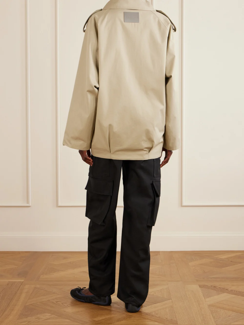 Back view of the Balenciaga Double-breasted Cotton-gabardine Trench Coat
