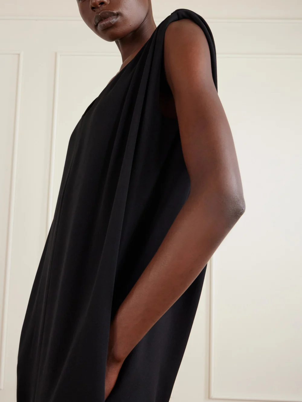 Close-up detail of the Balenciaga Draped Silk and Wool-blend Crepe Maxi Dress