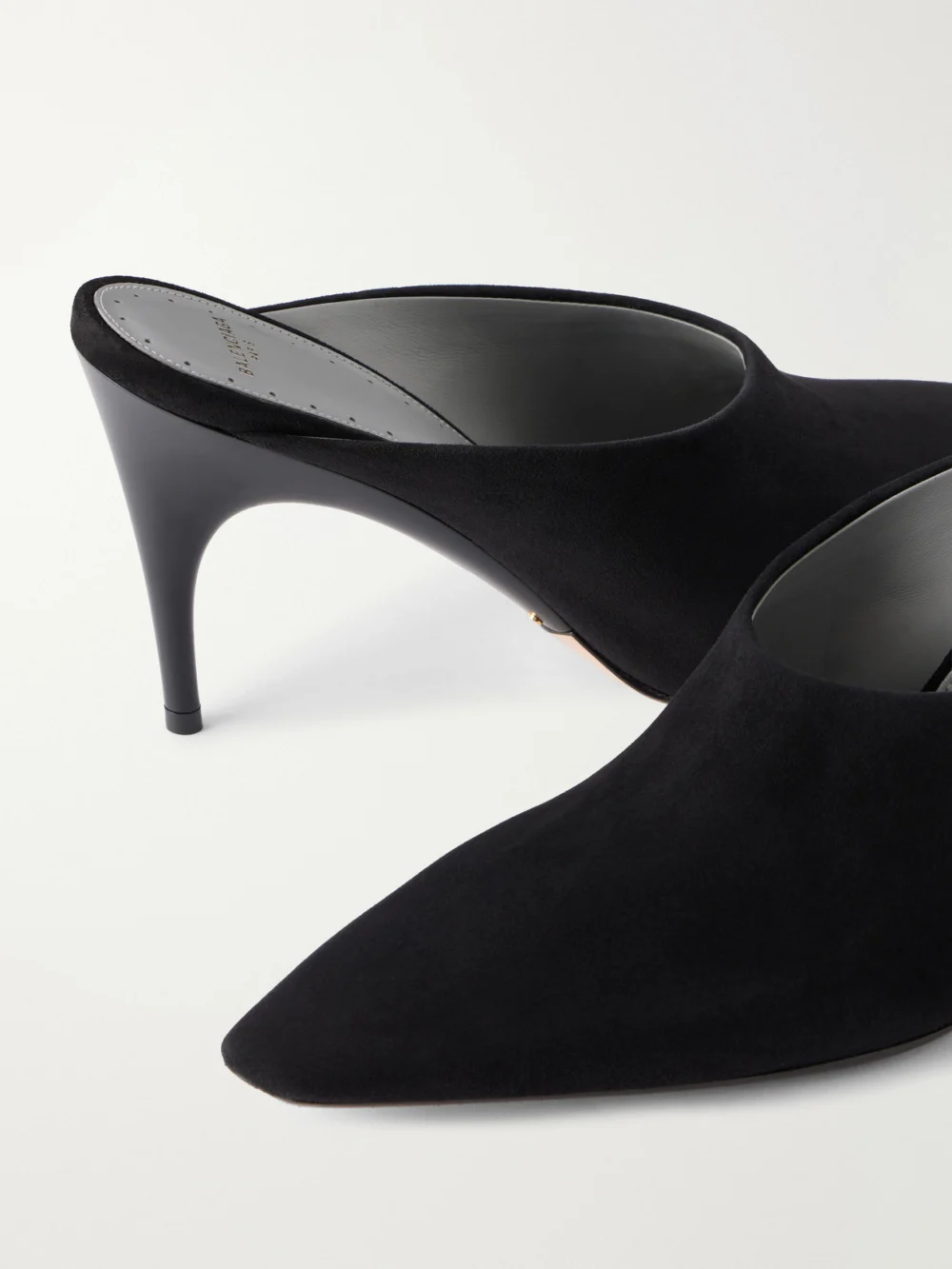 Close-up detail of the Balenciaga Duchesse Suede Mules