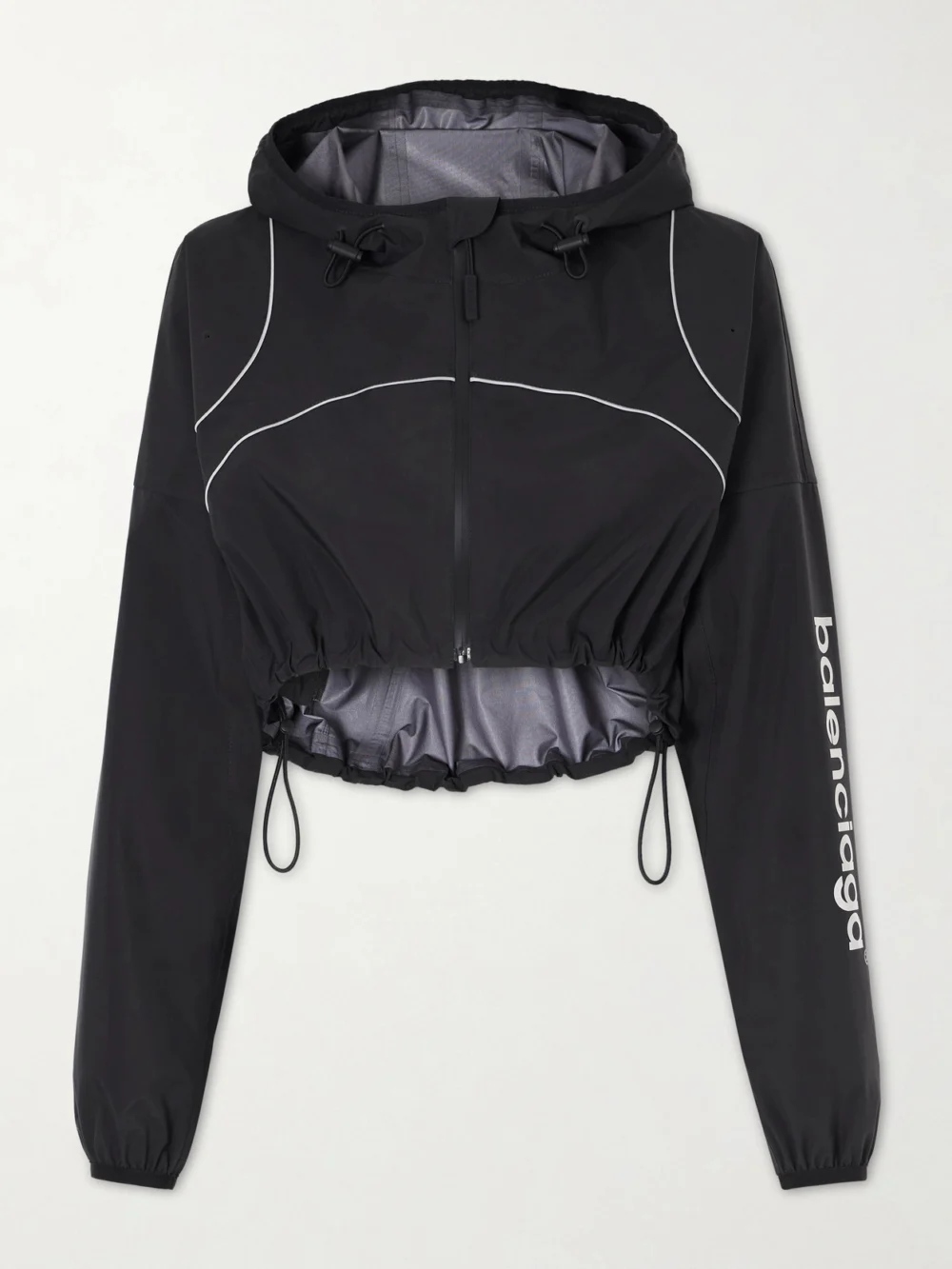 Balenciaga Embroidered Cropped Hooded Shell Jacket in black