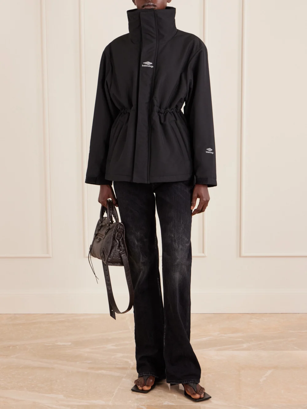 Balenciaga Embroidered Padded Ripstop Ski Jacket, worn by a model