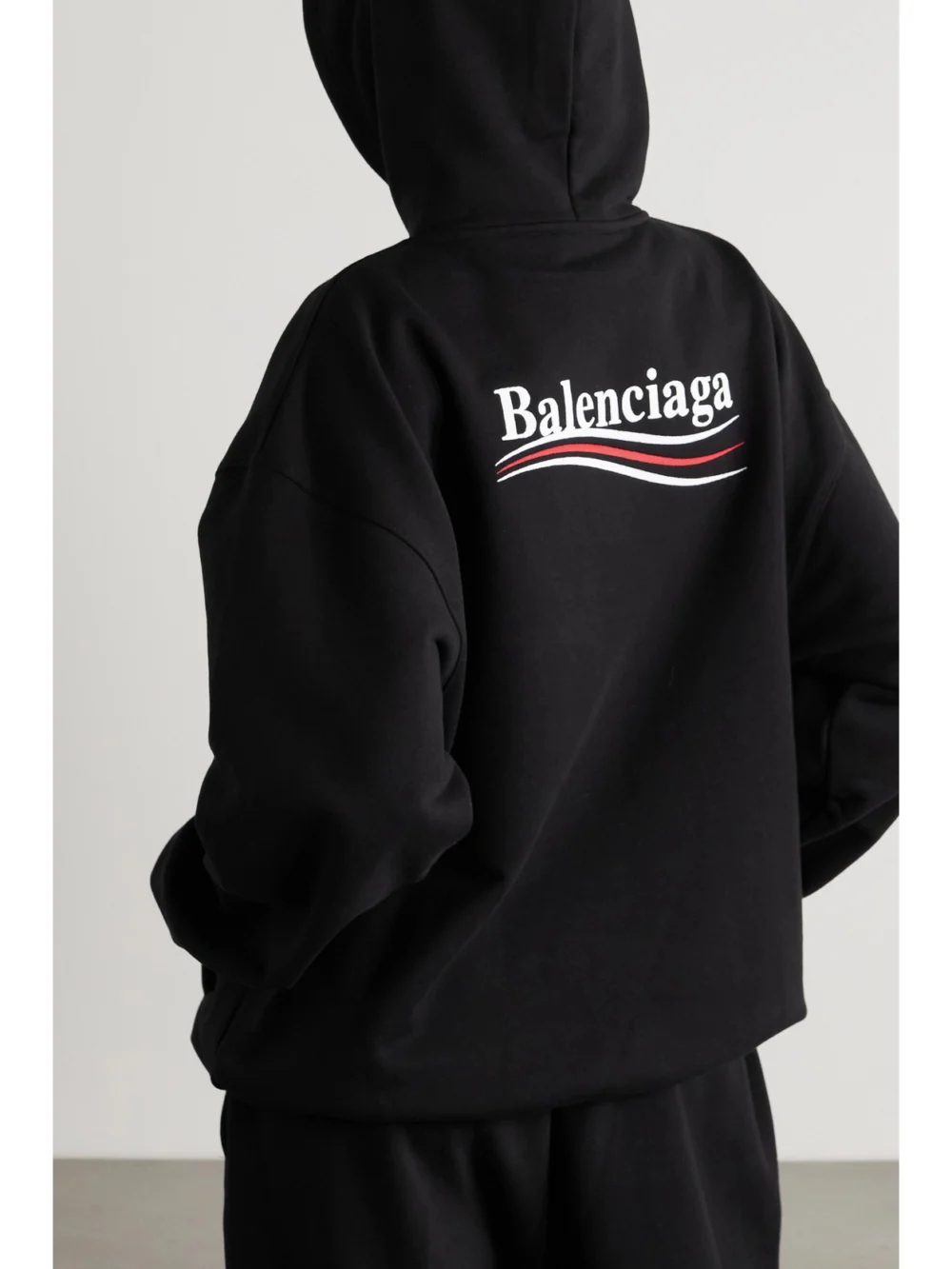 Back view of the Balenciaga Embroidered Printed Cotton-jersey Hoodie