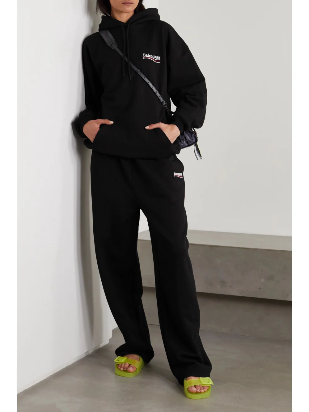 Balenciaga Embroidered Printed Cotton-jersey Hoodie, worn by a model