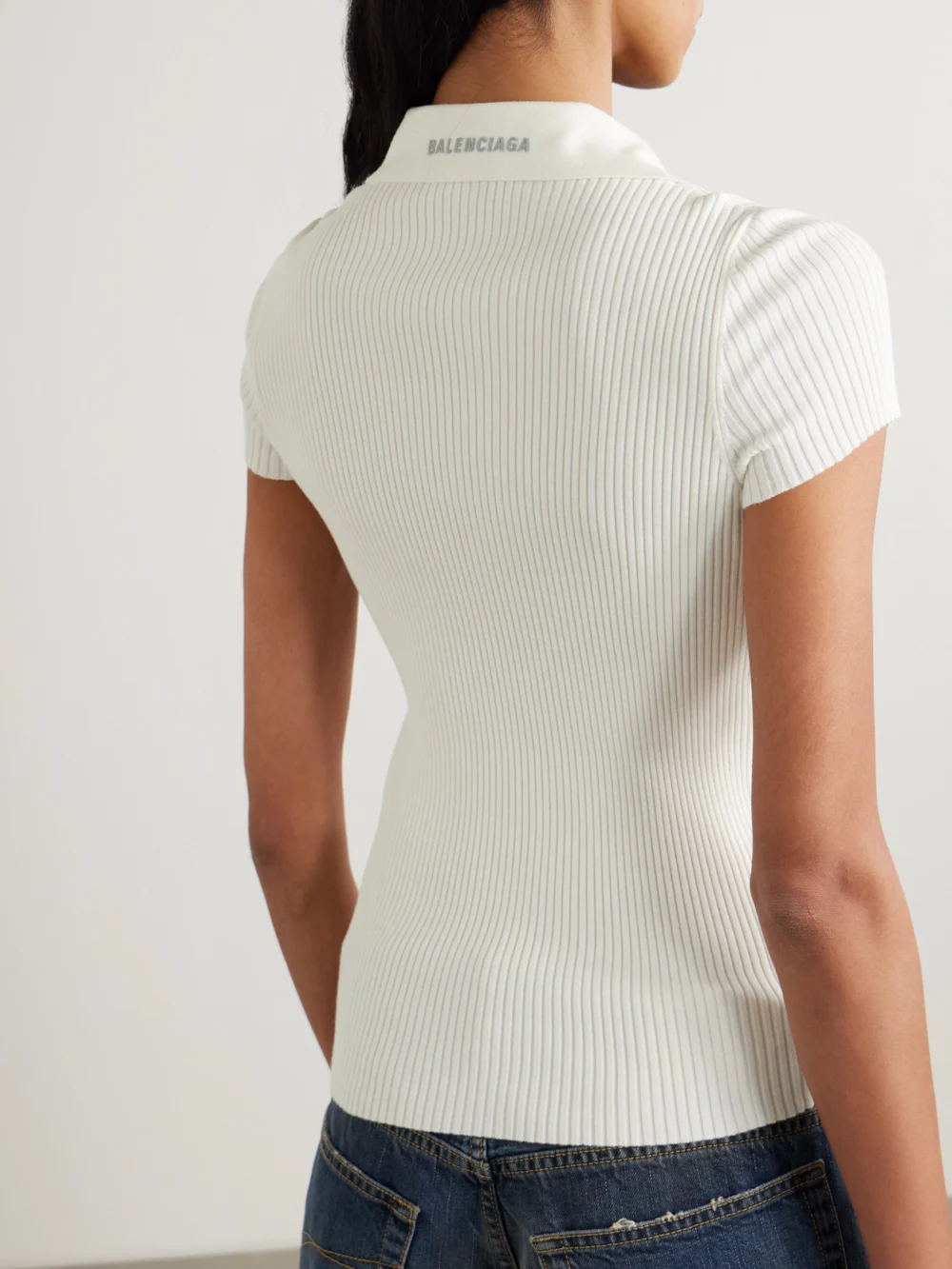 Back view of the Balenciaga Embroidered Ribbed Wool-blend Polo Shirt
