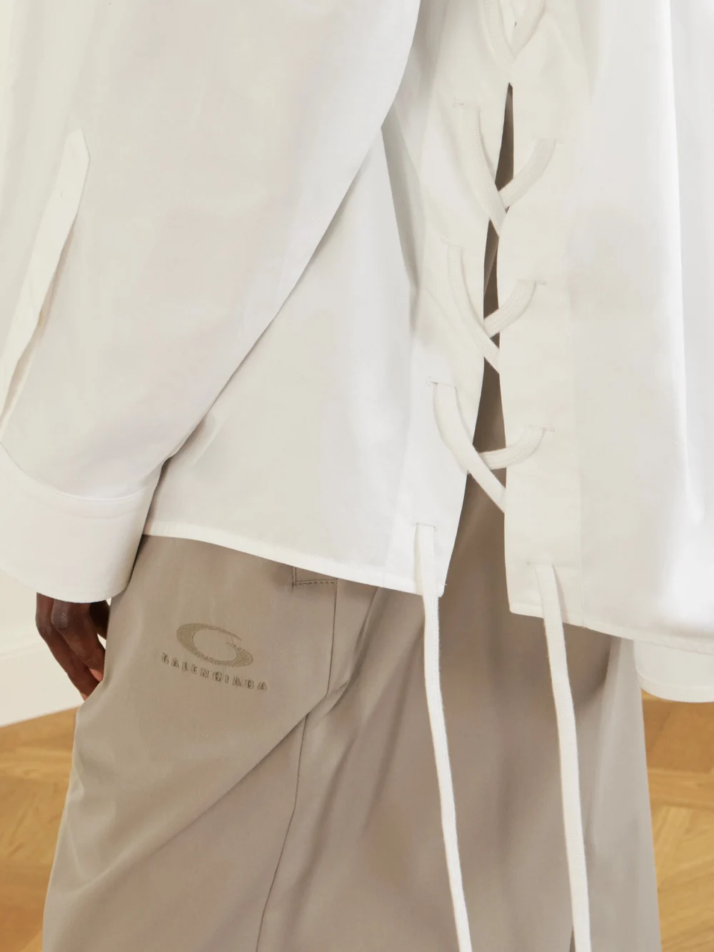 Close-up detail of the Balenciaga Embroidered Shell Pants