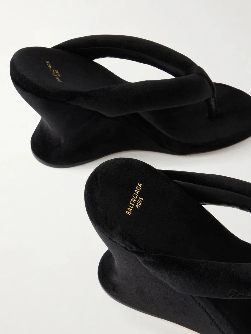 Close-up detail of the Balenciaga Gaeta 90 Velvet Wedge Sandals