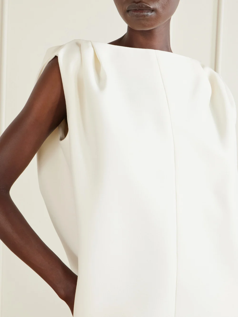Close-up detail of the Balenciaga Gathered Wool and Silk-blend Midi Dress