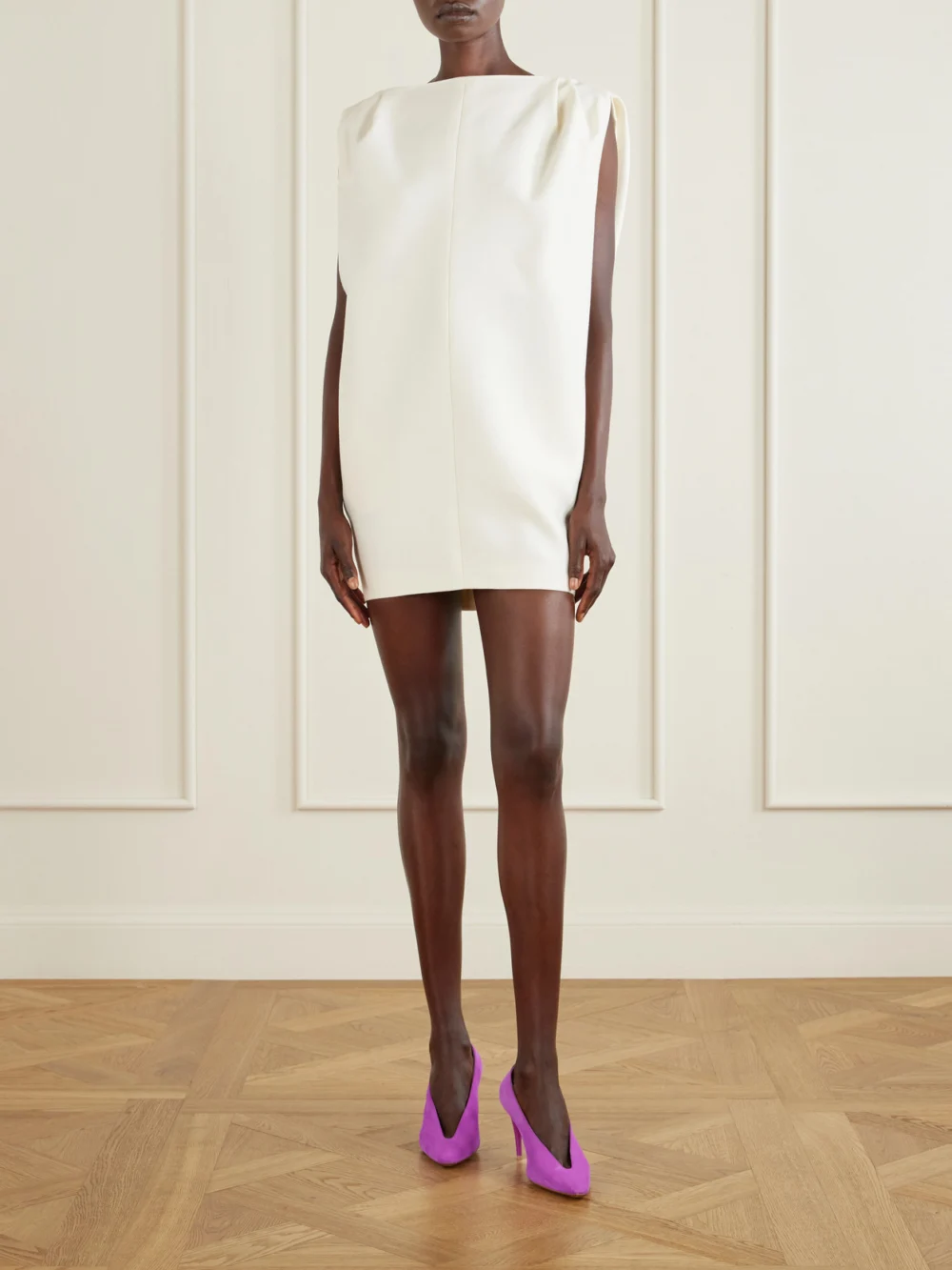 Balenciaga Gathered Wool and Silk-blend Midi Dress, worn by a model